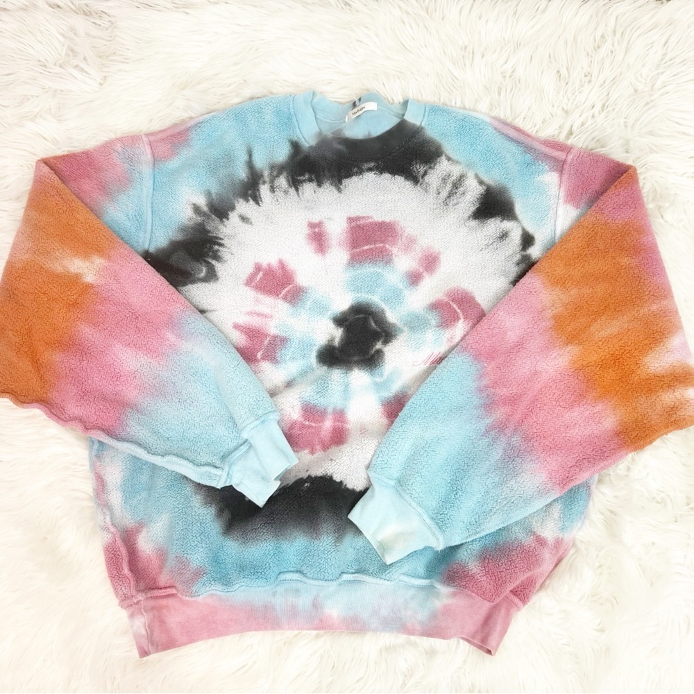 MADHAPPY BLUE PINK EVIL EYE TIE DYE FLEECE PULLOVER SWEATSHIRT WOMENS SZ MEDIUM